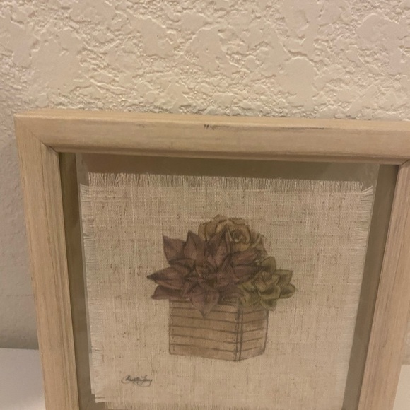 Vintage Signed Textured Fabric Botanical Wall Art with Natural Wood Frame 7”x 7” - Picture 5 of 10
